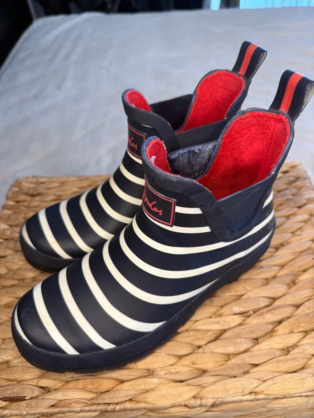 Joules Wellibob Navy White Striped Ankle Rain Boots Women's Size 7 Waterproof